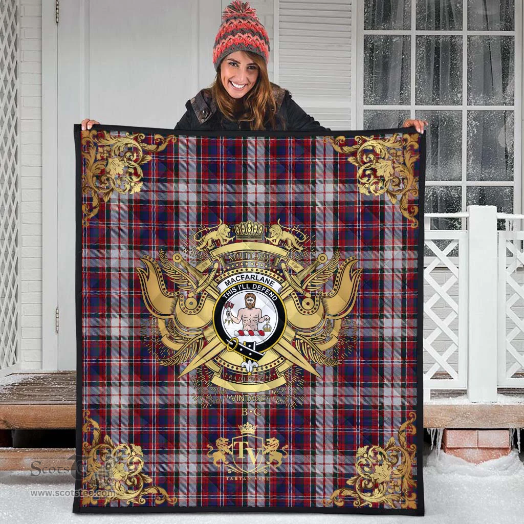 Scottish MacFarlane Dress Clan Tartan Quilt - Military Logo Style Scottish Plaid Tartan Plaid