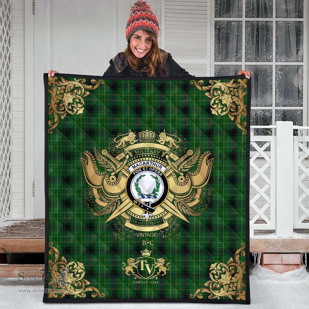 Scottish MacArthur Highland Clan Tartan Quilt - Military Logo Style Scottish Plaid Tartan Plaid