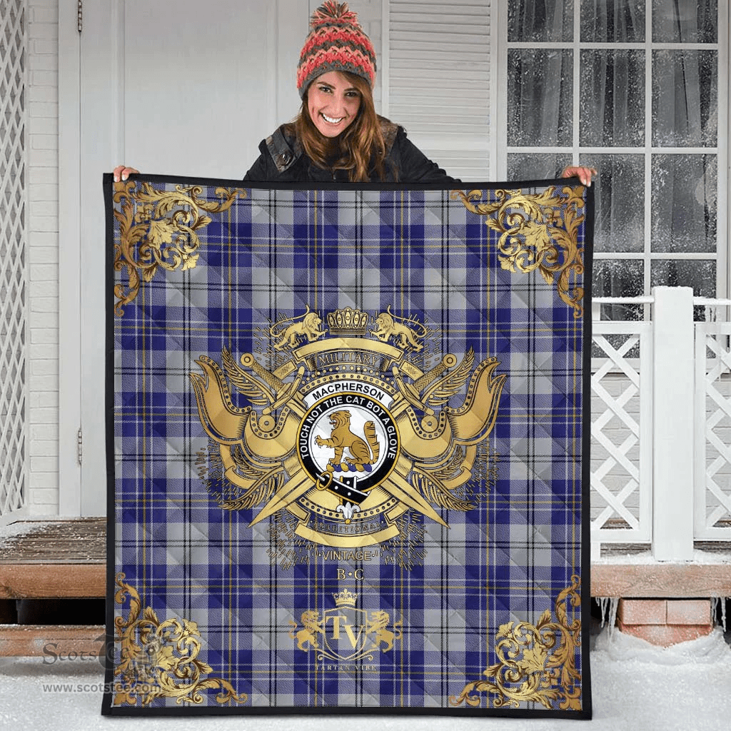 Scottish MacPherson Dress Blue Clan Tartan Quilt - Military Logo Style Scottish Plaid Tartan Plaid