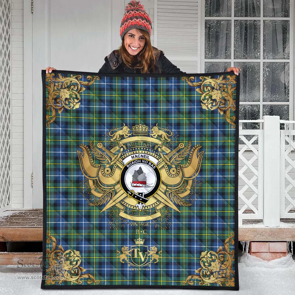 Scottish MacNeil of Barra Ancient Clan Tartan Quilt - Military Logo Style Scottish Plaid Tartan Plaid