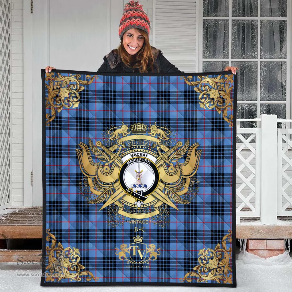 Scottish MacKay Blue Clan Tartan Quilt - Military Logo Style Scottish Plaid Tartan Plaid