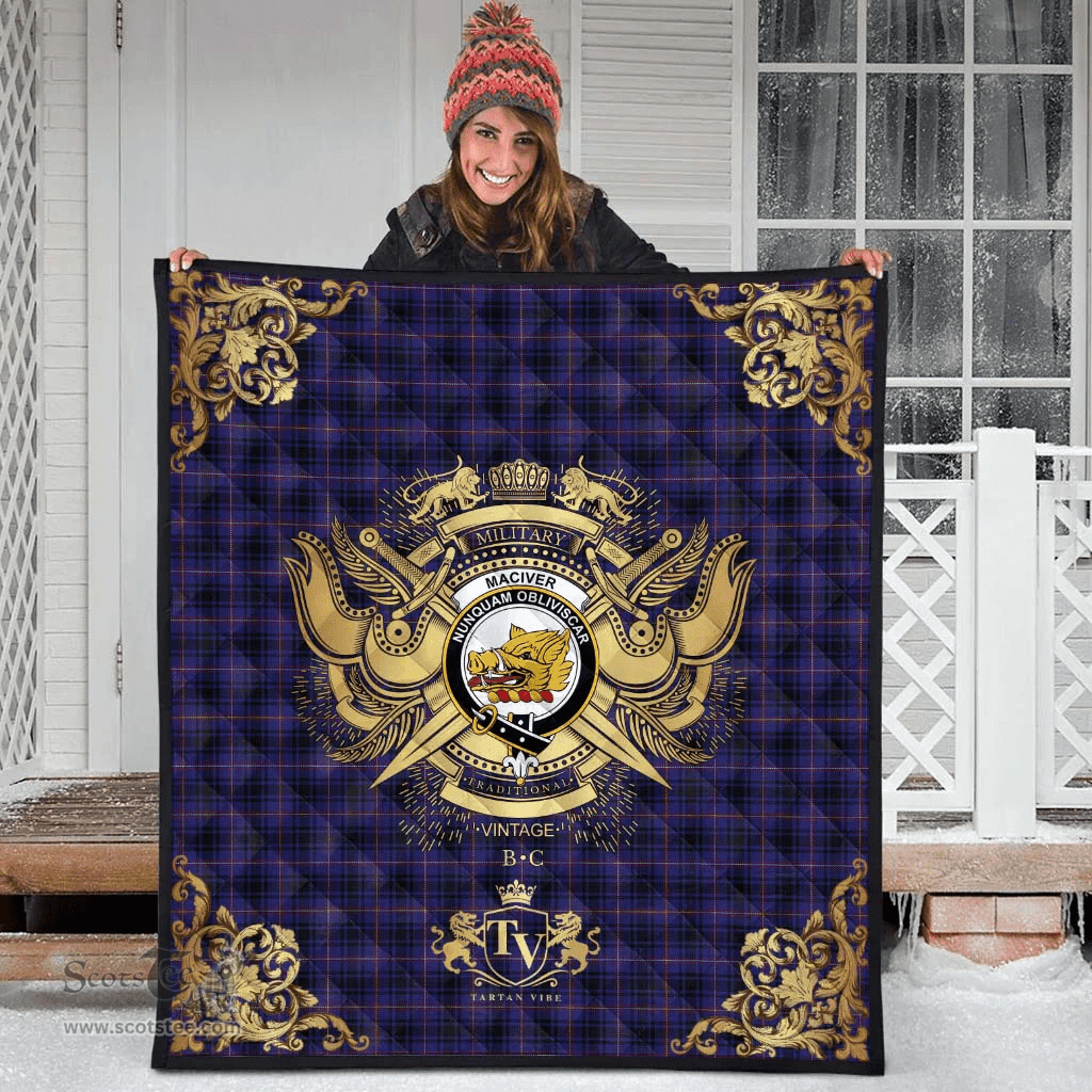 Scottish MacIver of Strome Clan Tartan Quilt - Military Logo Style Scottish Plaid Tartan Plaid