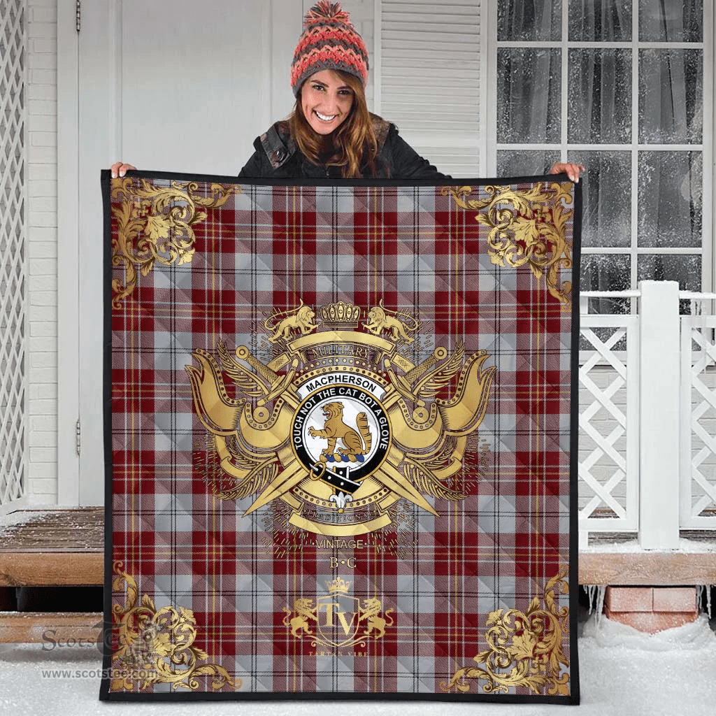 Scottish MacPherson Dress Burgundy Clan Tartan Quilt - Military Logo Style Scottish Plaid Tartan Plaid