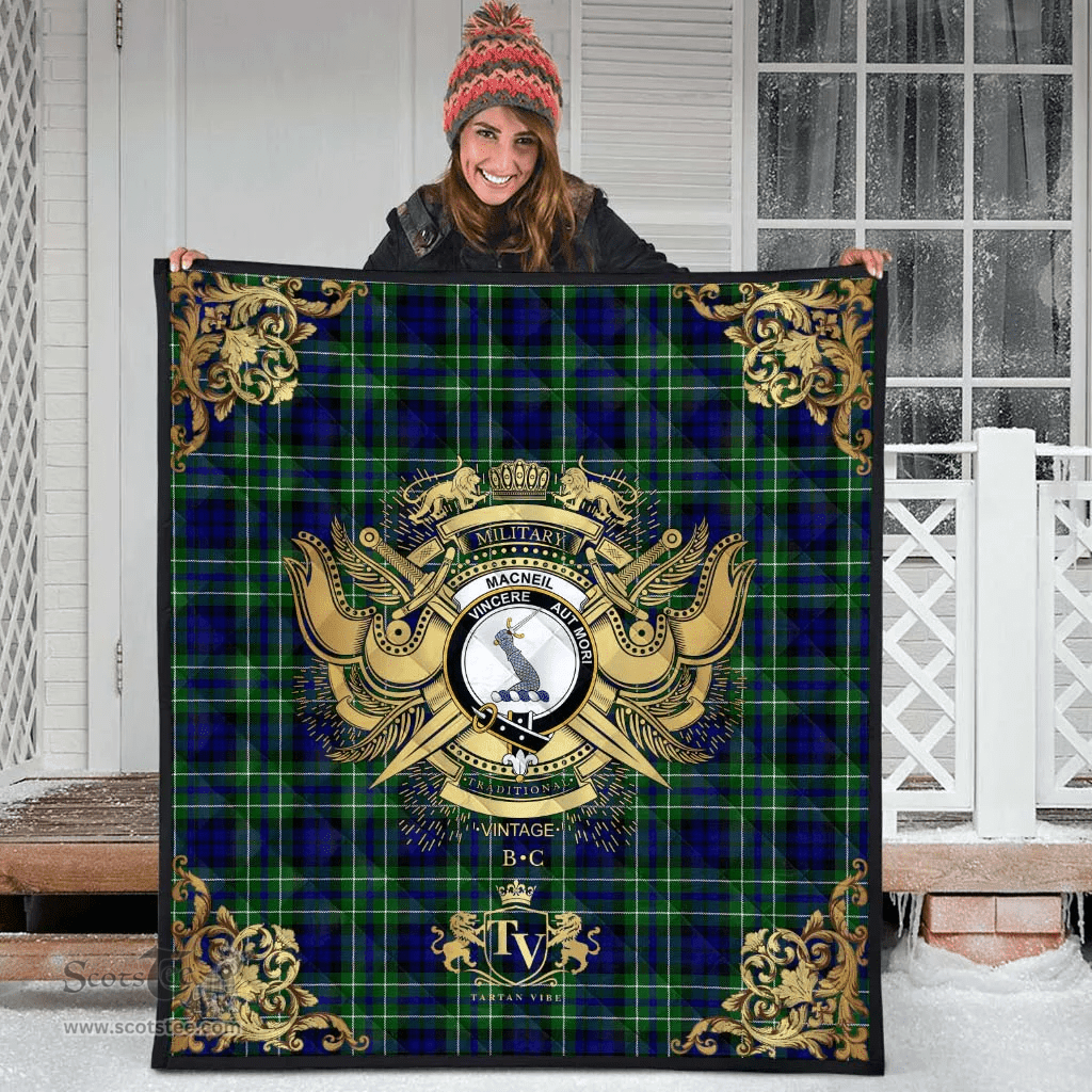 Scottish MacNeil of Colonsay Modern Clan Tartan Quilt - Military Logo Style Scottish Plaid Tartan Plaid