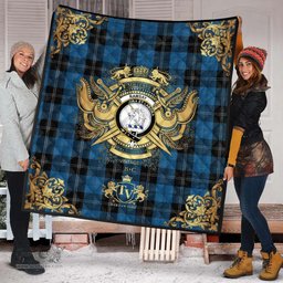 Scottish Ramsay Blue Hunting Clan Tartan Quilt - Military Logo Style Scottish Plaid Tartan Plaid