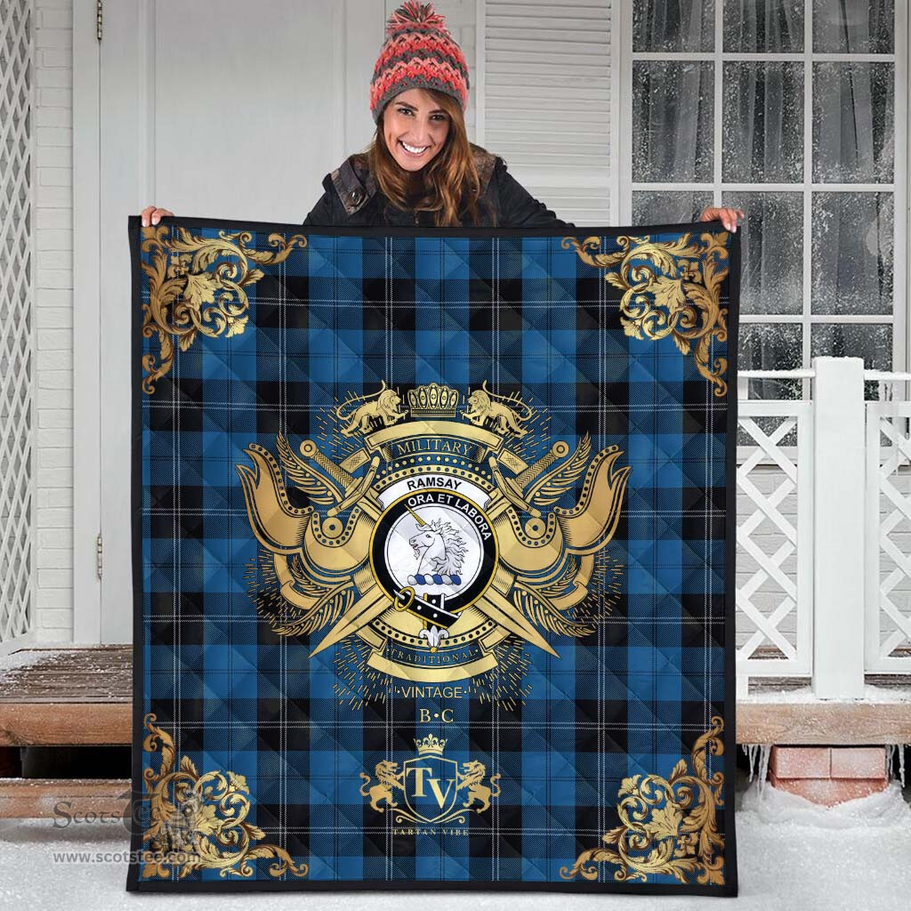 Scottish Ramsay Blue Hunting Clan Tartan Quilt - Military Logo Style Scottish Plaid Tartan Plaid