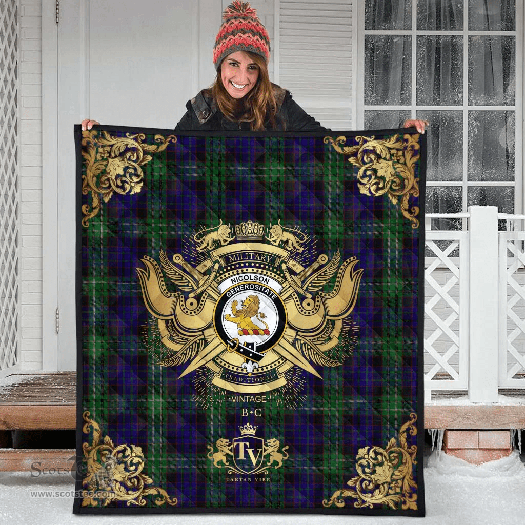 Scottish Nicolson Green Hunting Clan Tartan Quilt - Military Logo Style Scottish Plaid Tartan Plaid