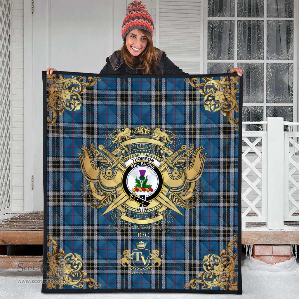 Scottish Thomson Dress Blue Clan Tartan Quilt - Military Logo Style Scottish Plaid Tartan Plaid
