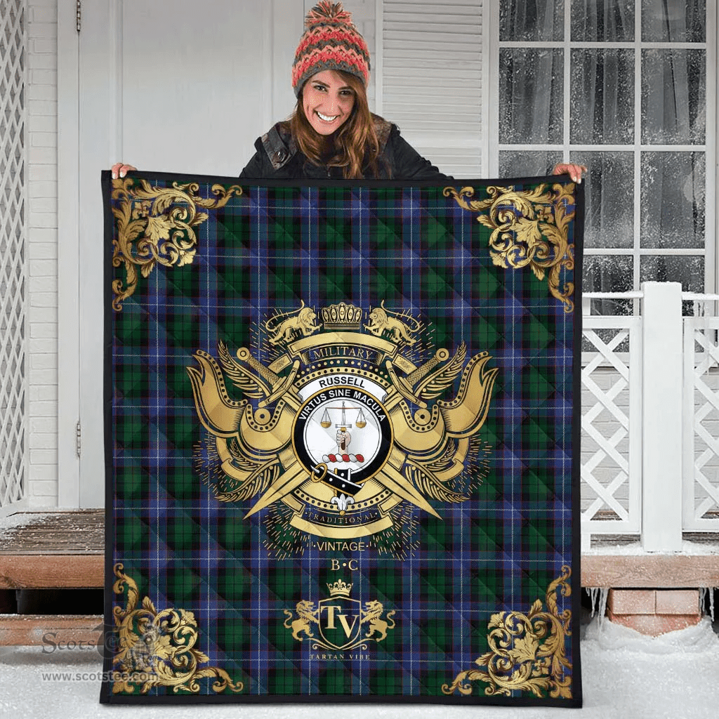 Scottish Russell or Mitchell or Hunter or Galbraith Clan Tartan Quilt - Military Logo Style Scottish Plaid Tartan Plaid