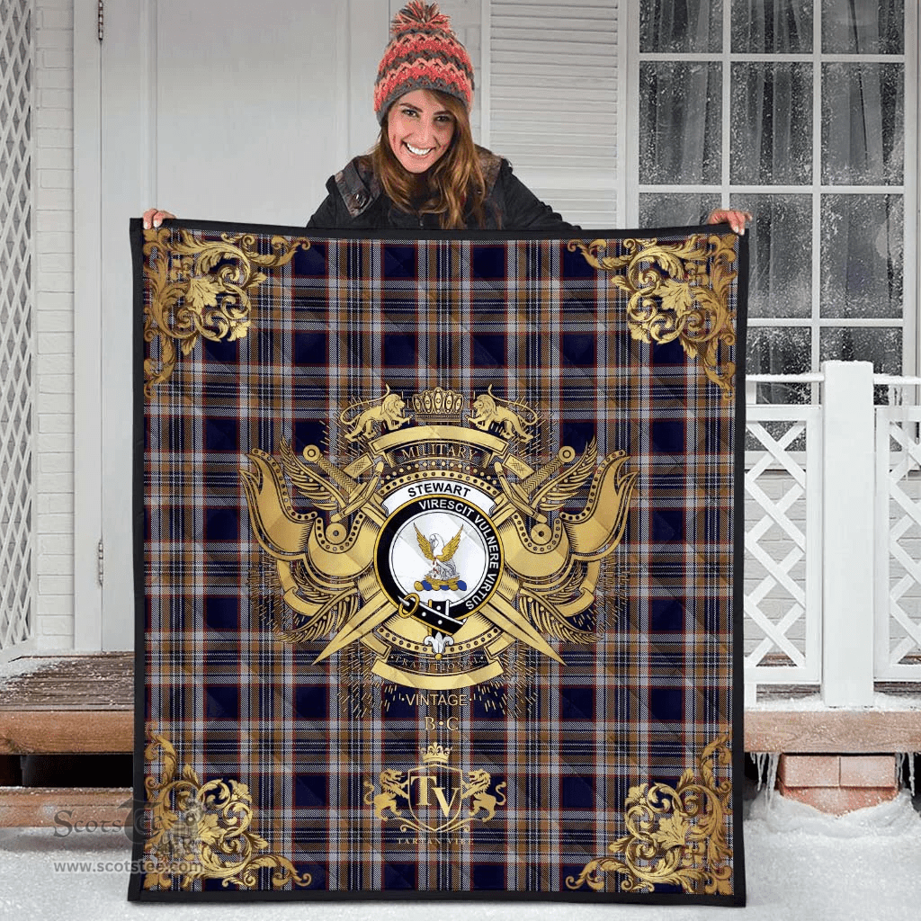 Scottish Stewart Navy Clan Tartan Quilt - Military Logo Style Scottish Plaid Tartan Plaid
