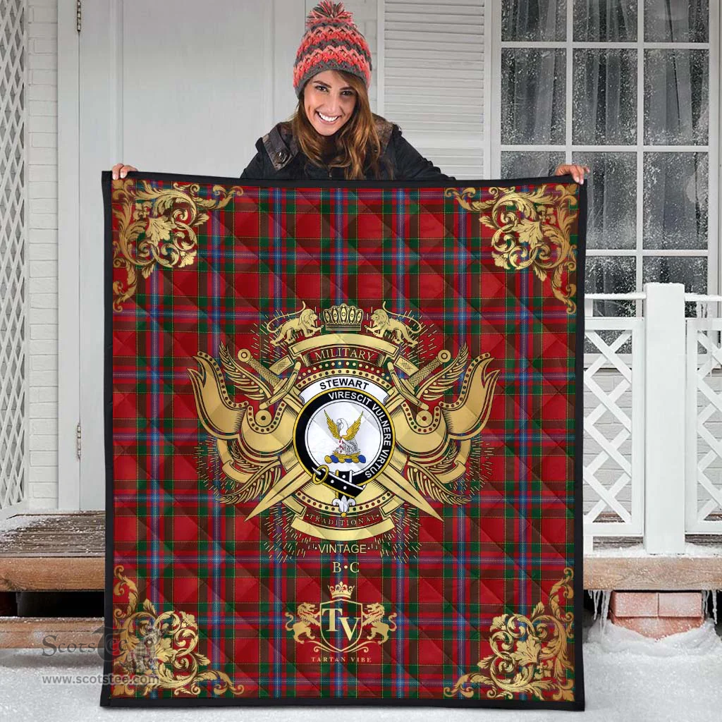 Scottish Stewart of Fingask Clan Tartan Quilt - Military Logo Style Scottish Plaid Tartan Plaid