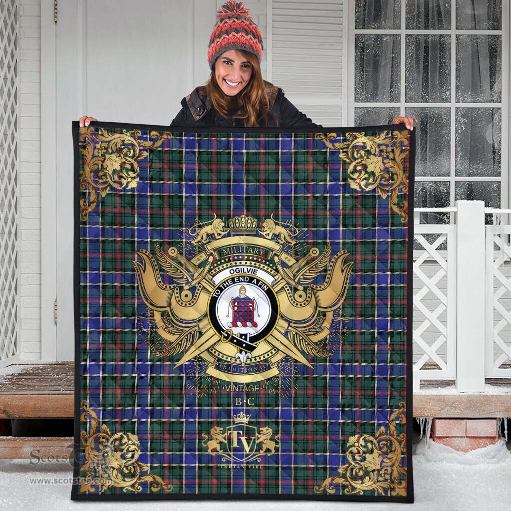 Scottish Ogilvie (Ogilvy) Hunting Modern Clan Tartan Quilt - Military Logo Style Scottish Plaid Tartan Plaid