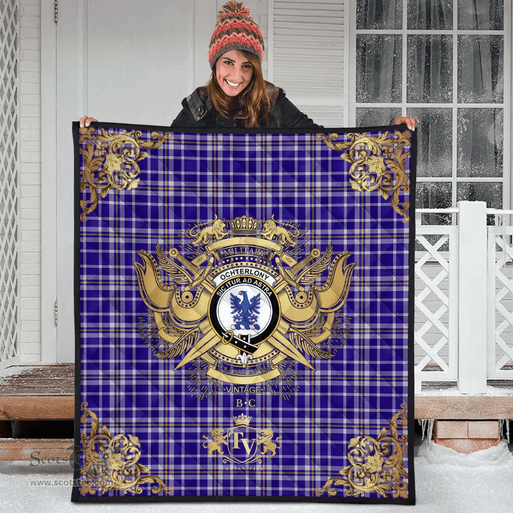 Scottish Ochterlony Clan Tartan Quilt - Military Logo Style Scottish Plaid Tartan Plaid