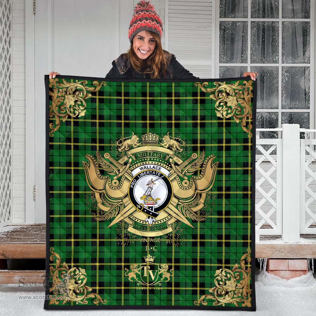 Scottish Wallace Hunting Green Clan Tartan Quilt - Military Logo Style Scottish Plaid Tartan Plaid
