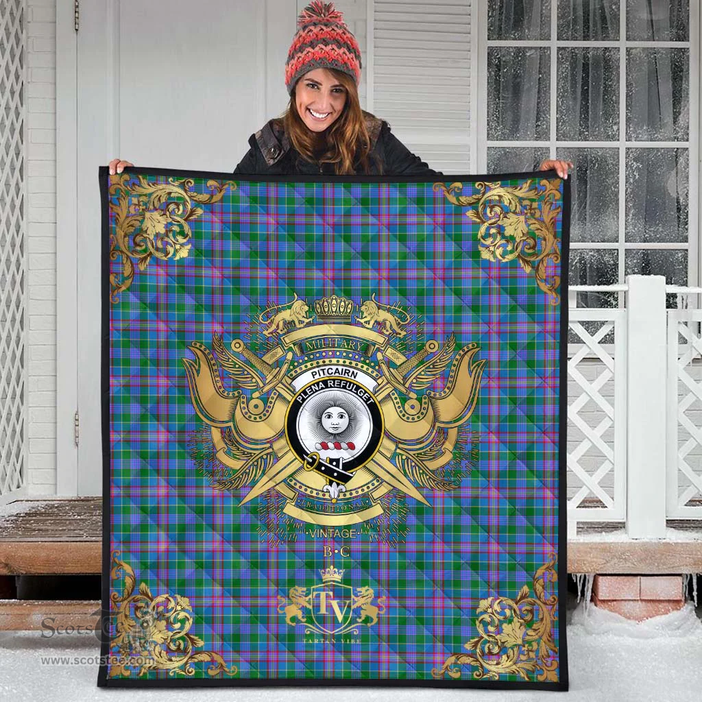 Scottish Pitcairn Hunting Clan Tartan Quilt - Military Logo Style Scottish Plaid Tartan Plaid