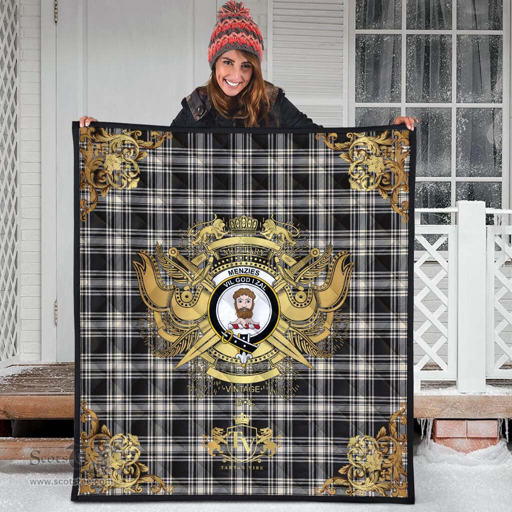 Scottish Menzies Black and White Ancient Clan Tartan Quilt - Military Logo Style Scottish Plaid Tartan Plaid