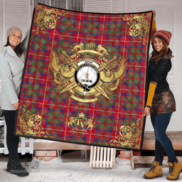 Scottish Shaw Red Modern Clan Tartan Quilt - Military Logo Style Scottish Plaid Tartan Plaid