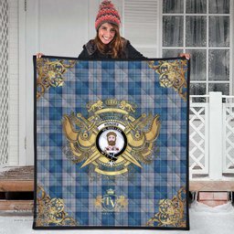 Scottish Menzies Dress Blue and White Clan Tartan Quilt - Military Logo Style Scottish Plaid Tartan Plaid