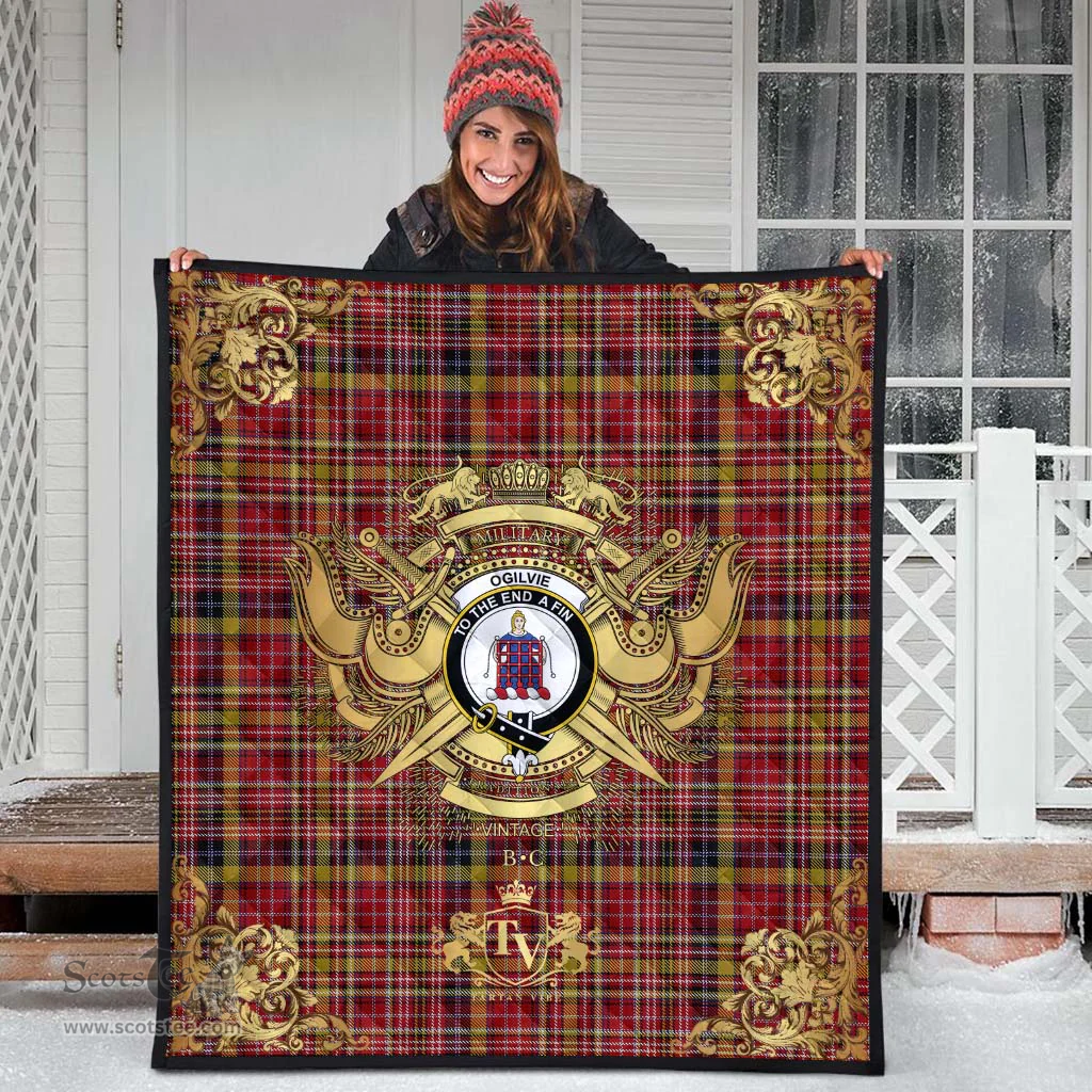 Scottish Ogilvie (Ogilvy) of Strathallan Clan Tartan Quilt - Military Logo Style Scottish Plaid Tartan Plaid