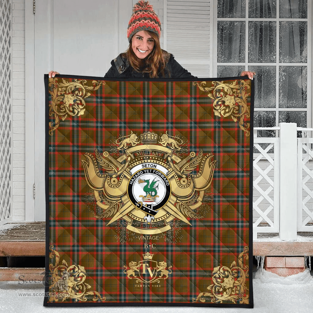 Scottish Seton Hunting Modern Clan Tartan Quilt - Military Logo Style Scottish Plaid Tartan Plaid