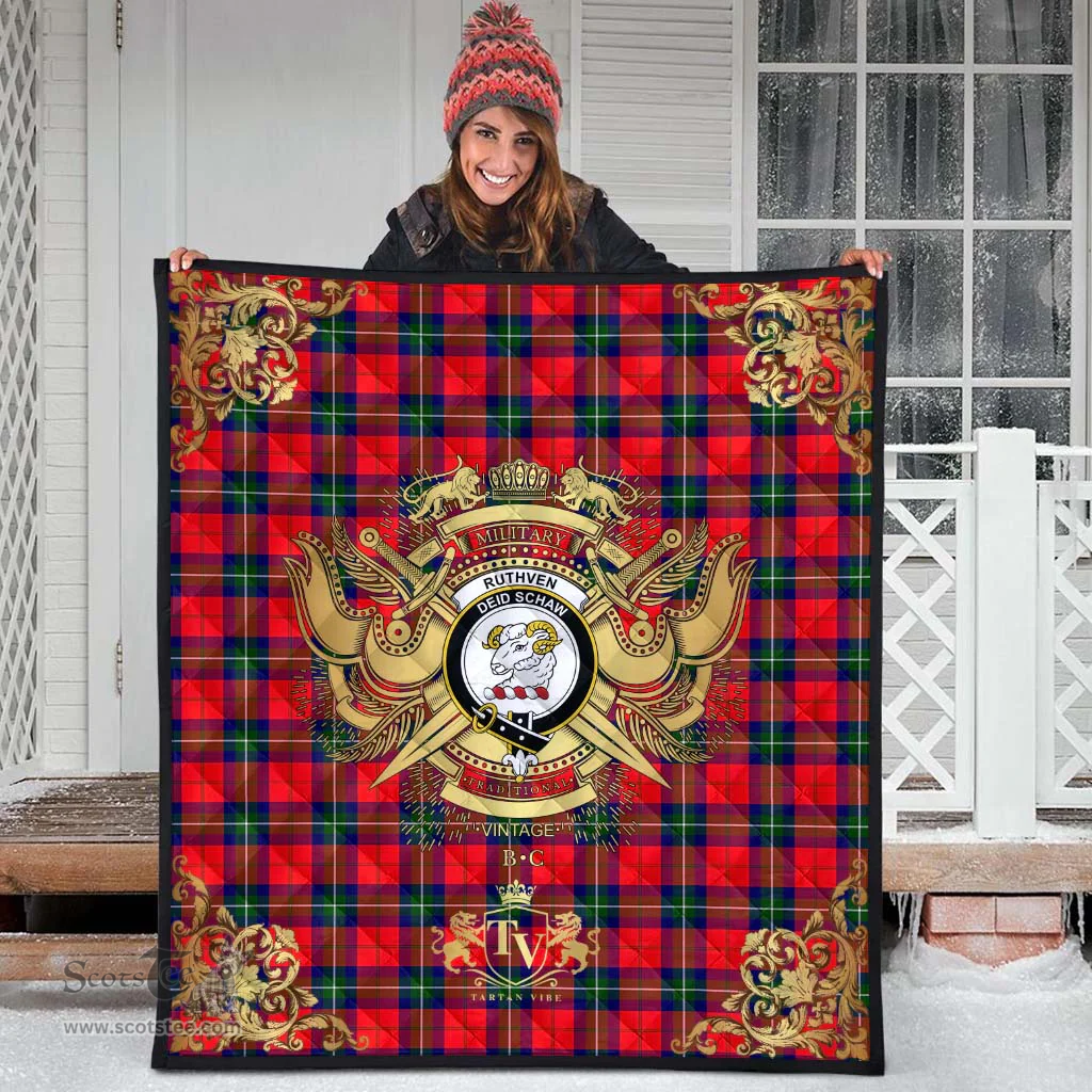 Scottish Ruthven Modern Clan Tartan Quilt - Military Logo Style Scottish Plaid Tartan Plaid