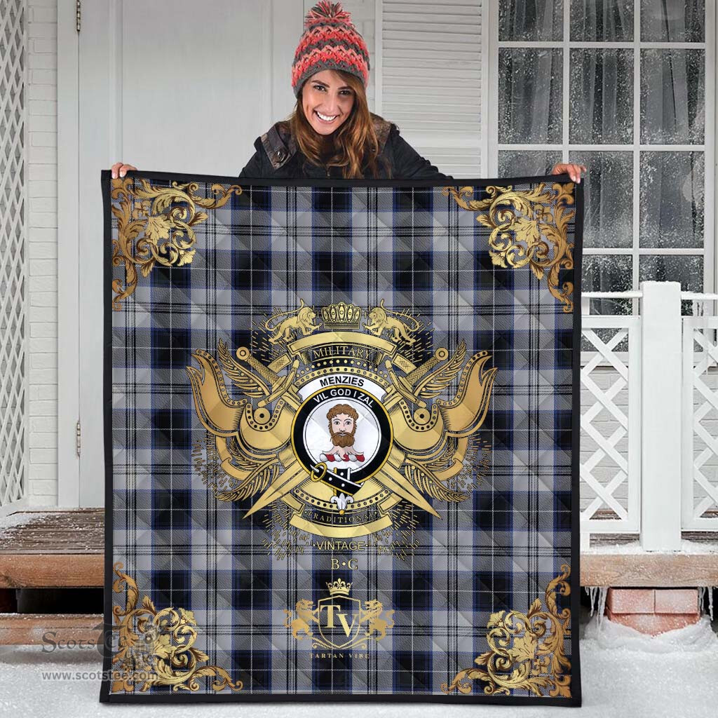 Scottish Menzies Black Dress Clan Tartan Quilt - Military Logo Style Scottish Plaid Tartan Plaid