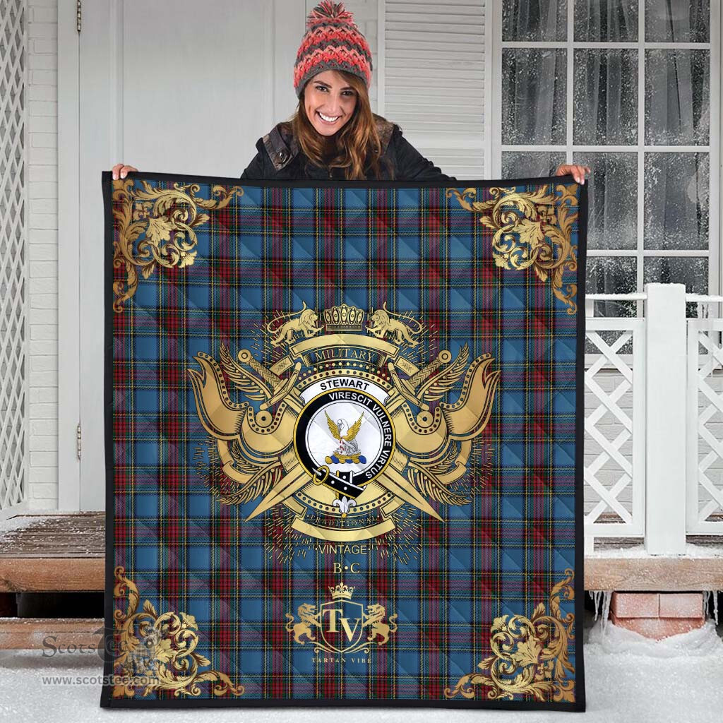 Scottish Stewart Royal Blue Clan Tartan Quilt - Military Logo Style Scottish Plaid Tartan Plaid