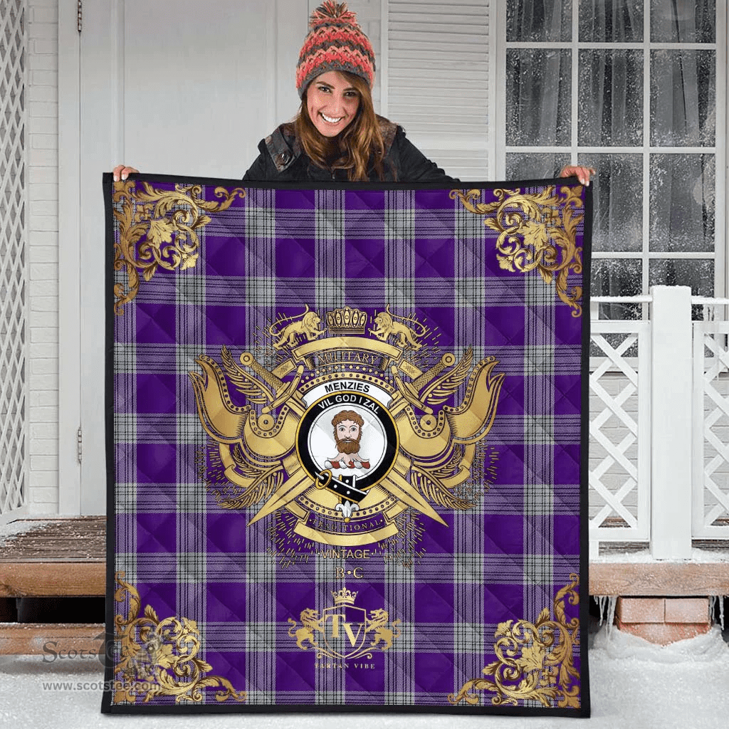 Scottish Menzies Mauve and White Clan Tartan Quilt - Military Logo Style Scottish Plaid Tartan Plaid