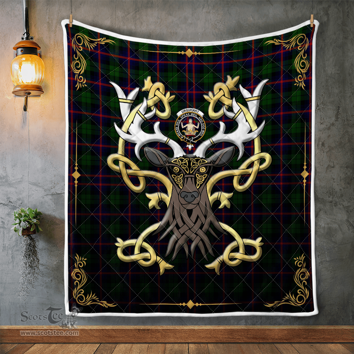 Scottish Urquhart Clan Badge Tartan Celtic Deer - Tartan Plaid Quilt - Scottish Quilt Scottish Plaid Tartan Plaid - ScotsTee - scotstee.com