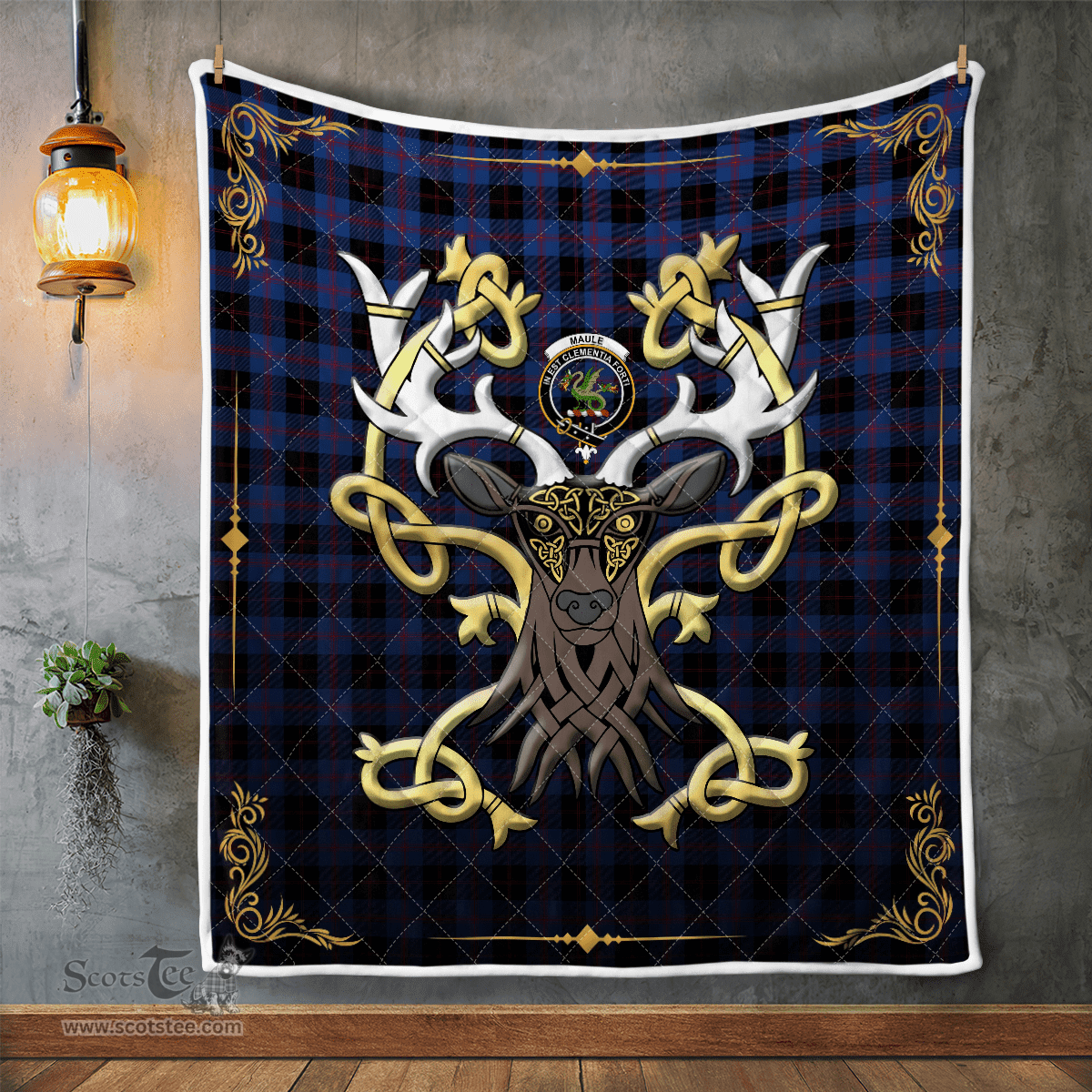 Scottish Maule Clan Badge Tartan Celtic Deer - Tartan Plaid Quilt - Scottish Quilt Scottish Plaid Tartan Plaid - ScotsTee - scotstee.com