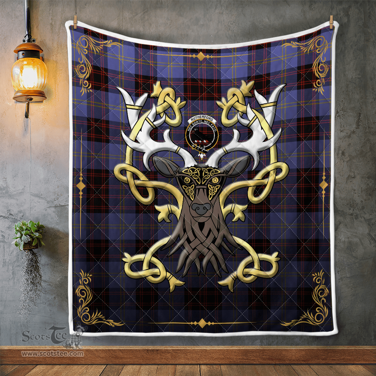 Scottish Rutherford Clan Badge Tartan Celtic Deer - Tartan Plaid Quilt - Scottish Quilt Scottish Plaid Tartan Plaid - ScotsTee - scotstee.com