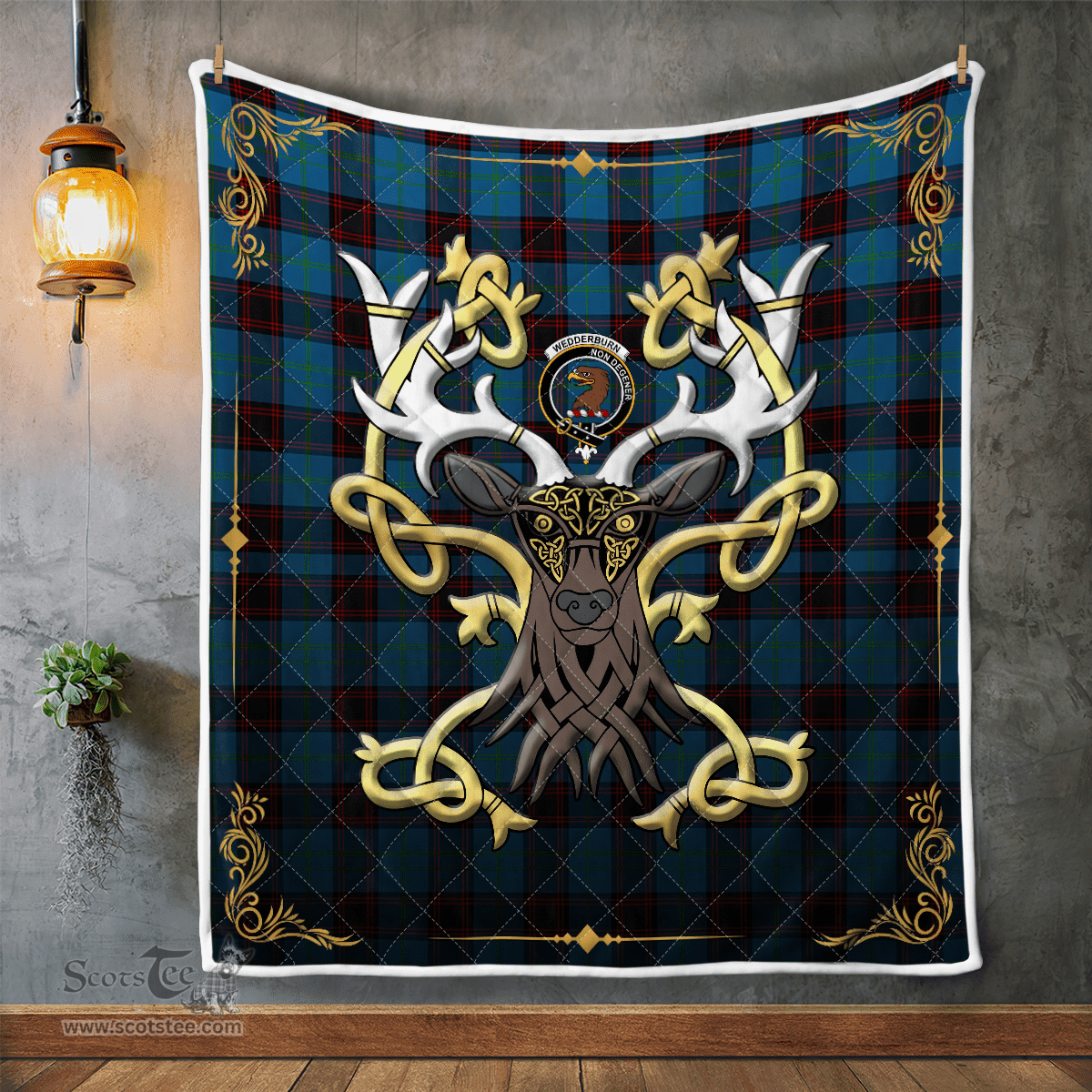 Scottish Wedderburn Clan Badge Tartan Celtic Deer - Tartan Plaid Quilt - Scottish Quilt Scottish Plaid Tartan Plaid - ScotsTee - scotstee.com