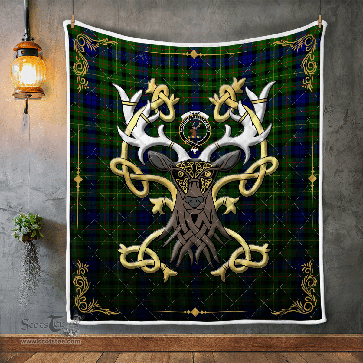 Scottish Rollo Clan Badge Tartan Celtic Deer - Tartan Plaid Quilt - Scottish Quilt Scottish Plaid Tartan Plaid - ScotsTee - scotstee.com