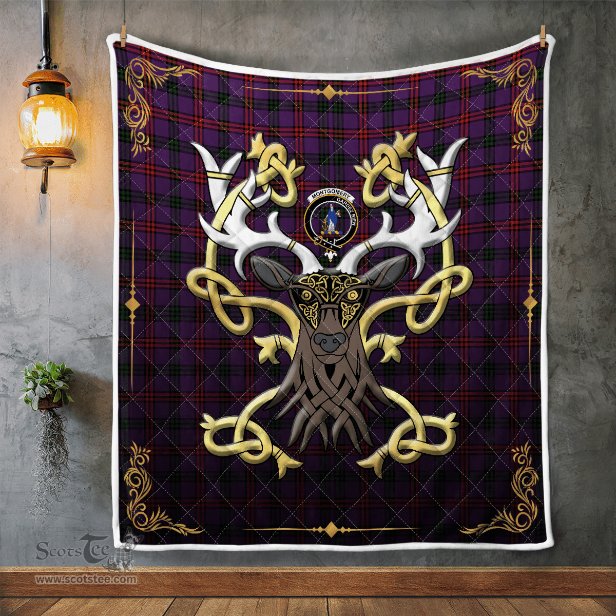 Scottish Montgomery Clan Badge Tartan Celtic Deer - Tartan Plaid Quilt - Scottish Quilt Scottish Plaid Tartan Plaid - ScotsTee - scotstee.com