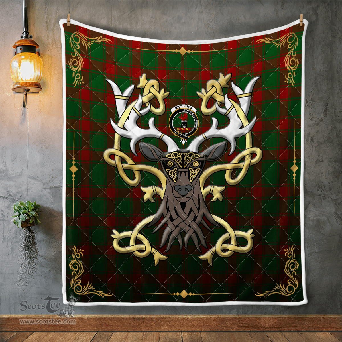 Scottish Middleton Clan Badge Tartan Celtic Deer - Tartan Plaid Quilt - Scottish Quilt Scottish Plaid Tartan Plaid - ScotsTee - scotstee.com