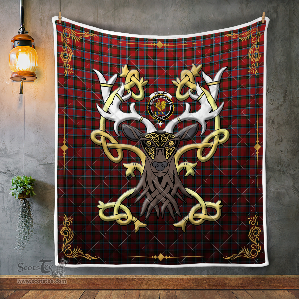 Scottish Sinclair Clan Badge Tartan Celtic Deer - Tartan Plaid Quilt - Scottish Quilt Scottish Plaid Tartan Plaid - ScotsTee - scotstee.com