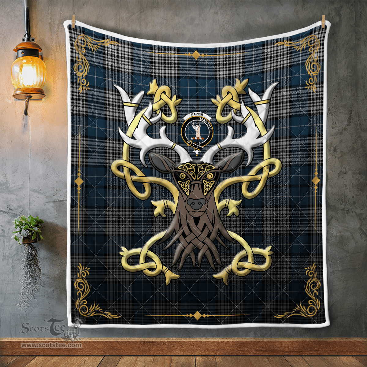 Scottish Napier Clan Badge Tartan Celtic Deer - Tartan Plaid Quilt - Scottish Quilt Scottish Plaid Tartan Plaid - ScotsTee - scotstee.com