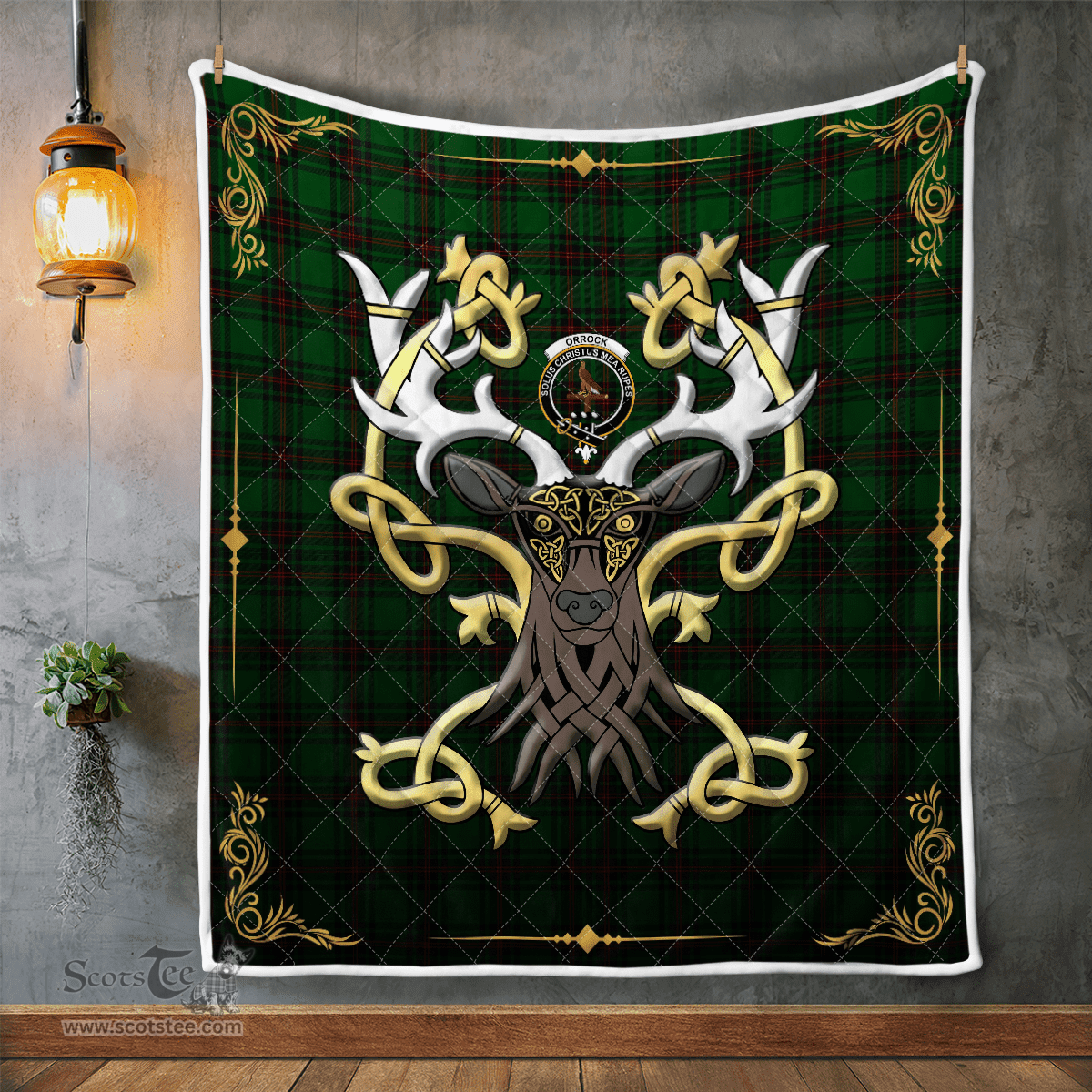 Scottish Orrock Clan Badge Tartan Celtic Deer - Tartan Plaid Quilt - Scottish Quilt Scottish Plaid Tartan Plaid - ScotsTee - scotstee.com