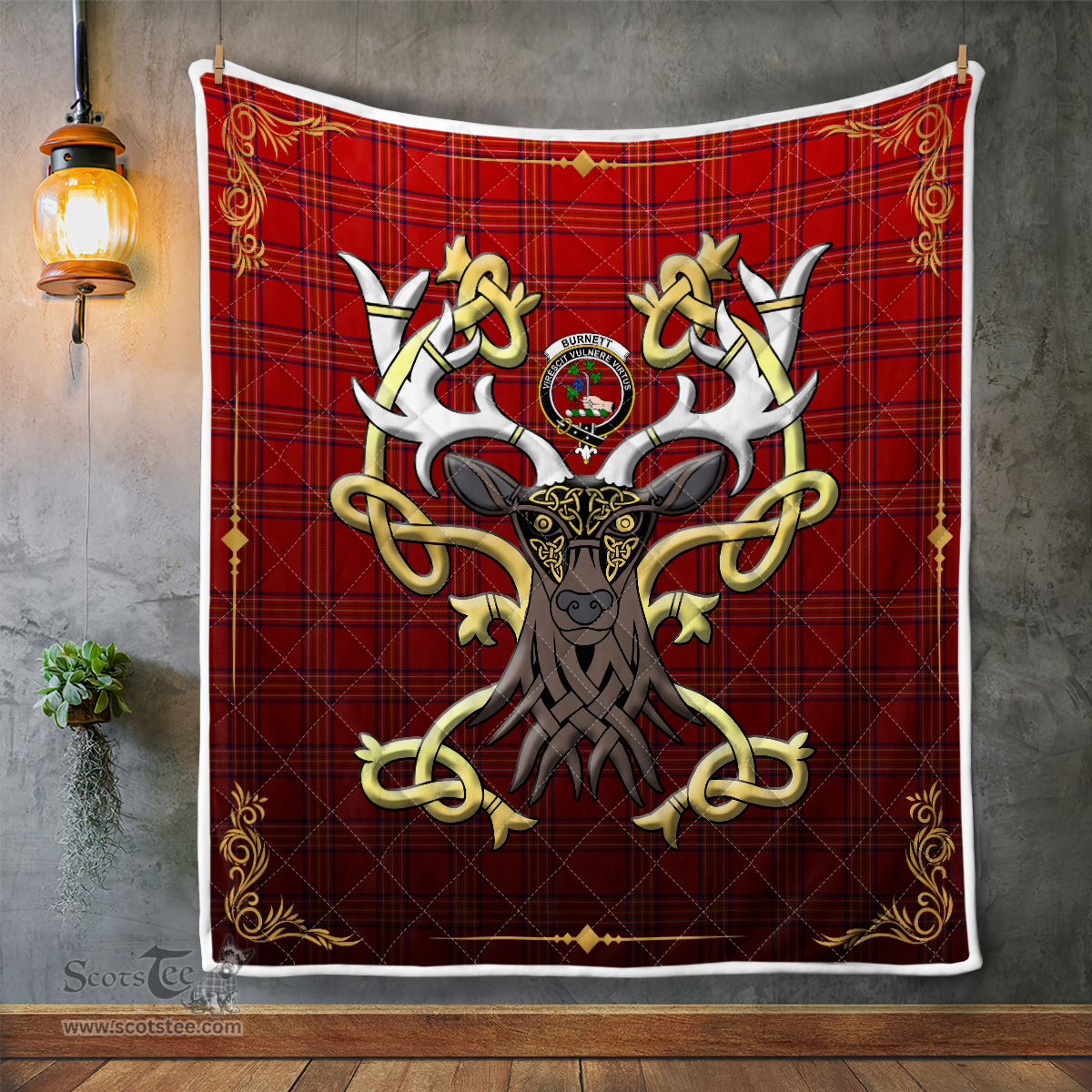 Scottish Burnett Clan Badge Tartan Celtic Deer - Tartan Plaid Quilt - Scottish Quilt Scottish Plaid Tartan Plaid - ScotsTee - scotstee.com