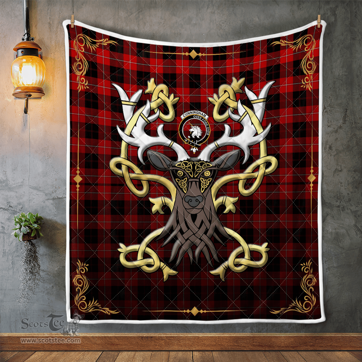 Scottish Cunningham Clan Badge Tartan Celtic Deer - Tartan Plaid Quilt - Scottish Quilt Scottish Plaid Tartan Plaid - ScotsTee - scotstee.com