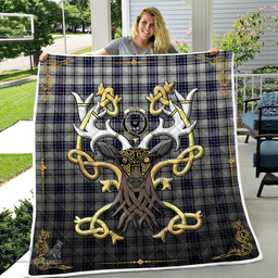 Scottish Hannay Clan Badge Tartan Celtic Deer - Tartan Plaid Quilt - Scottish Quilt Scottish Plaid Tartan Plaid - ScotsTee - scotstee.com