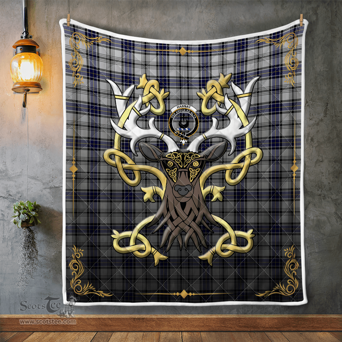 Scottish Hannay Clan Badge Tartan Celtic Deer - Tartan Plaid Quilt - Scottish Quilt Scottish Plaid Tartan Plaid - ScotsTee - scotstee.com