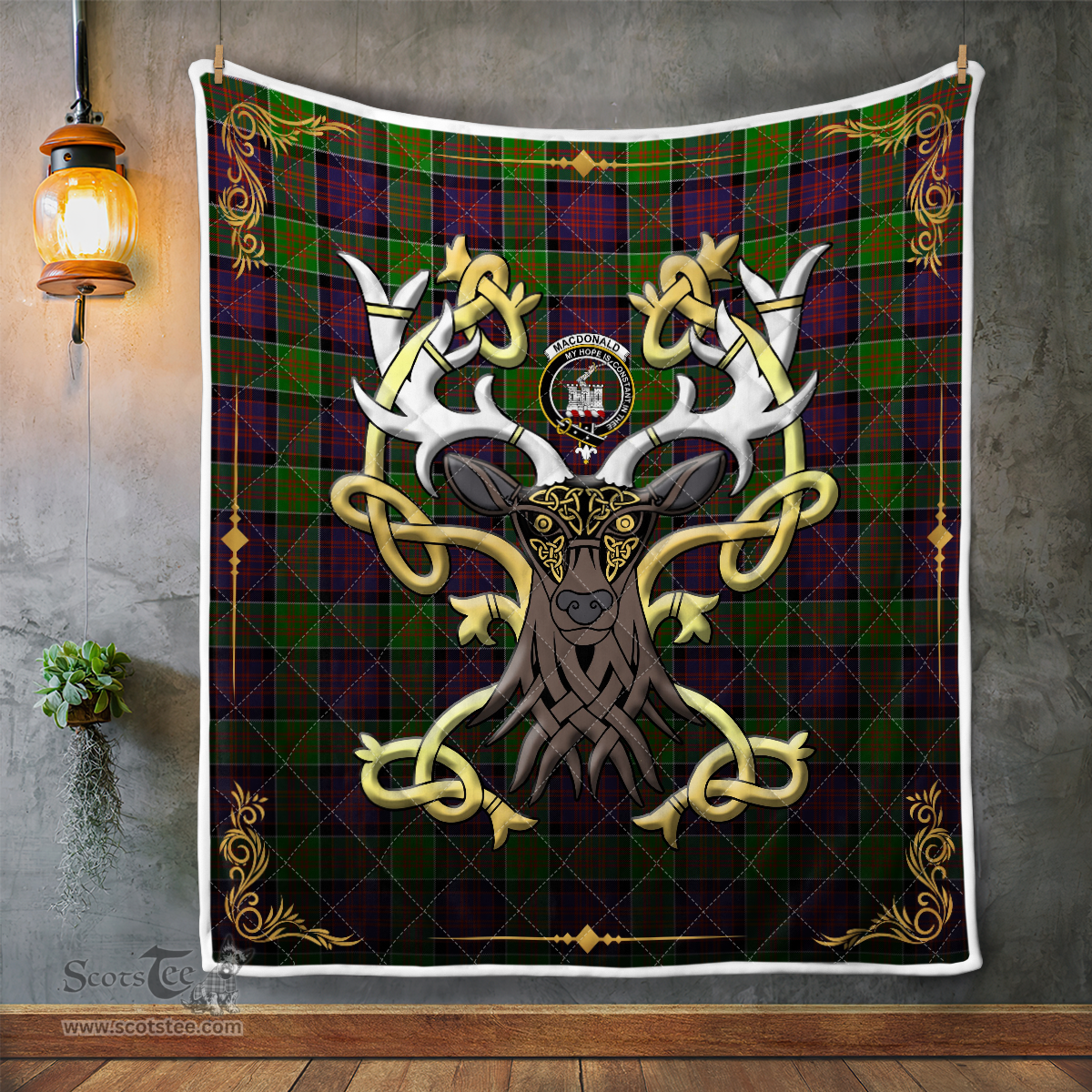 Scottish Macdonald Ranald Clan Badge Tartan Celtic Deer - Tartan Plaid Quilt - Scottish Quilt Scottish Plaid Tartan Plaid - ScotsTee - scotstee.com