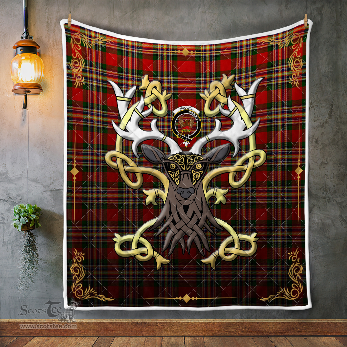 Scottish Macgill Makgill Clan Badge Tartan Celtic Deer - Tartan Plaid Quilt - Scottish Quilt Scottish Plaid Tartan Plaid - ScotsTee - scotstee.com