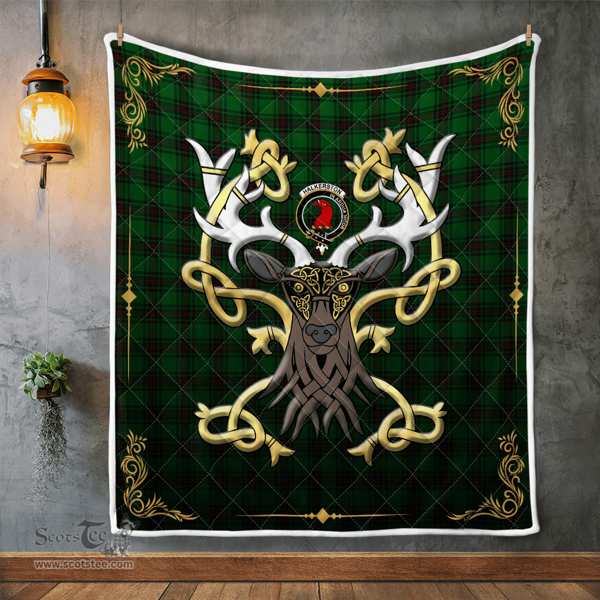 Scottish Halkerston Clan Badge Tartan Celtic Deer - Tartan Plaid Quilt - Scottish Quilt Scottish Plaid Tartan Plaid - ScotsTee - scotstee.com