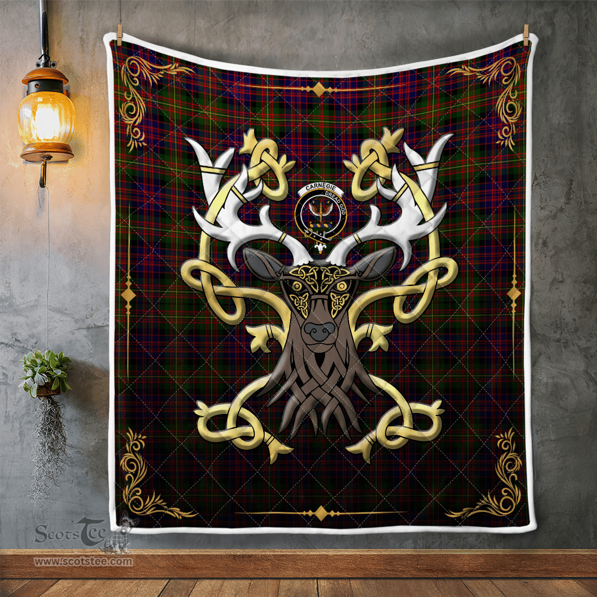 Scottish Carnegie Clan Badge Tartan Celtic Deer - Tartan Plaid Quilt - Scottish Quilt Scottish Plaid Tartan Plaid - ScotsTee - scotstee.com