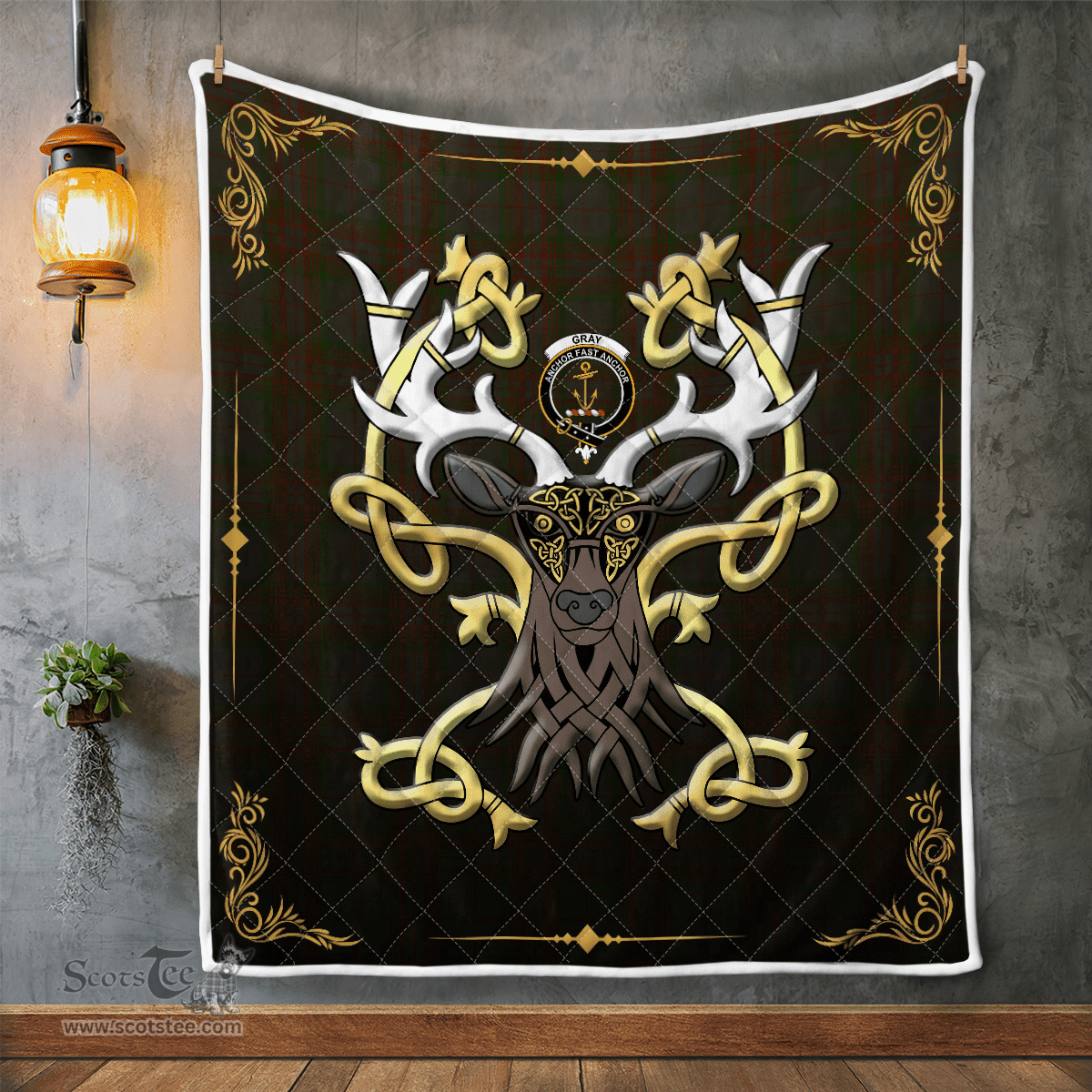 Scottish Gray Clan Badge Tartan Celtic Deer - Tartan Plaid Quilt - Scottish Quilt Scottish Plaid Tartan Plaid - ScotsTee - scotstee.com