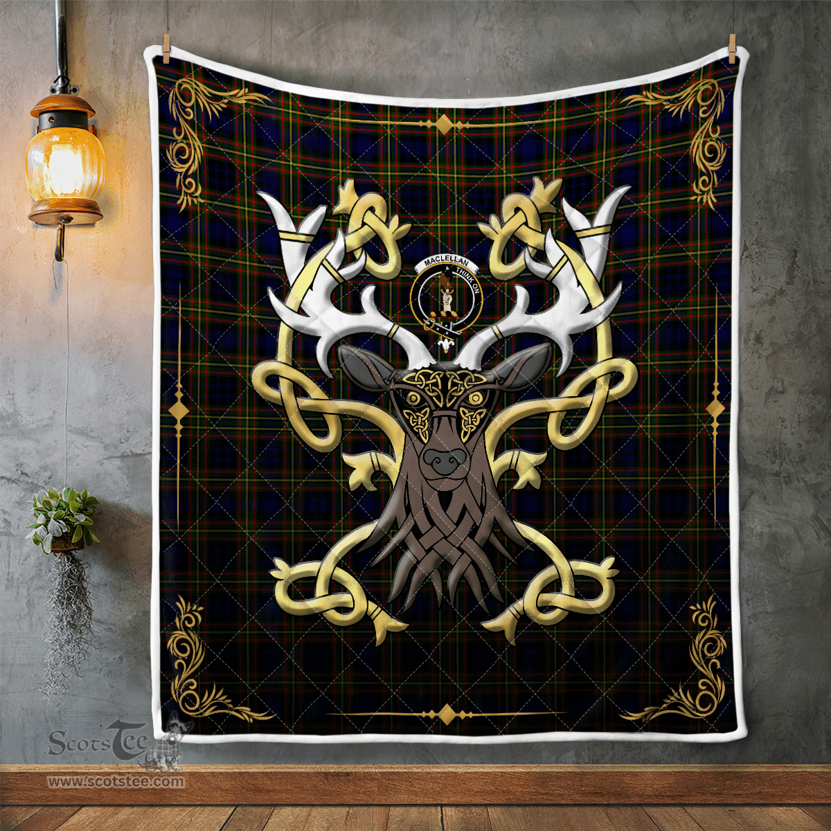 Scottish Maclellan Clan Badge Tartan Celtic Deer - Tartan Plaid Quilt - Scottish Quilt Scottish Plaid Tartan Plaid - ScotsTee - scotstee.com