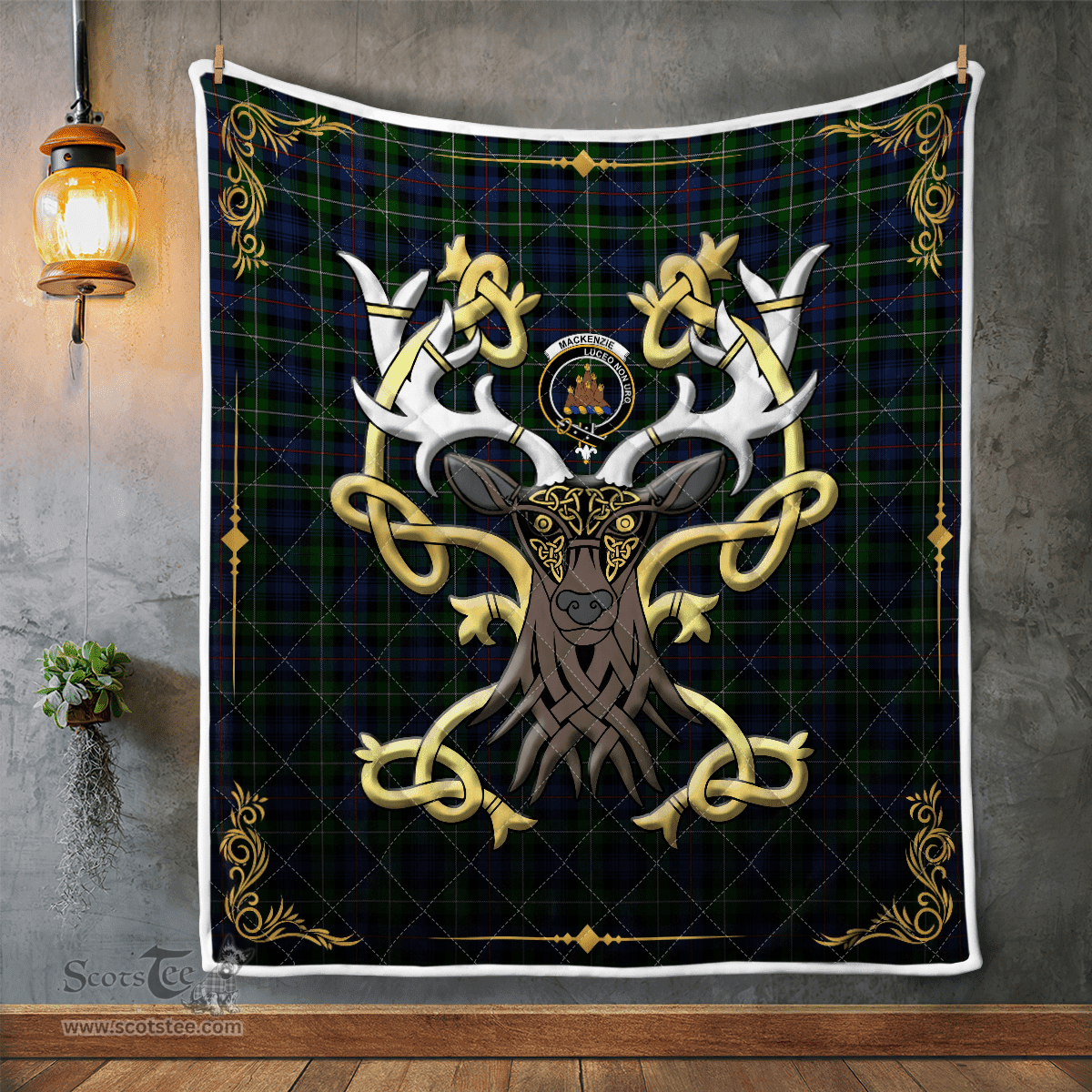Scottish Mackenzie Clan Badge Tartan Celtic Deer - Tartan Plaid Quilt - Scottish Quilt Scottish Plaid Tartan Plaid - ScotsTee - scotstee.com