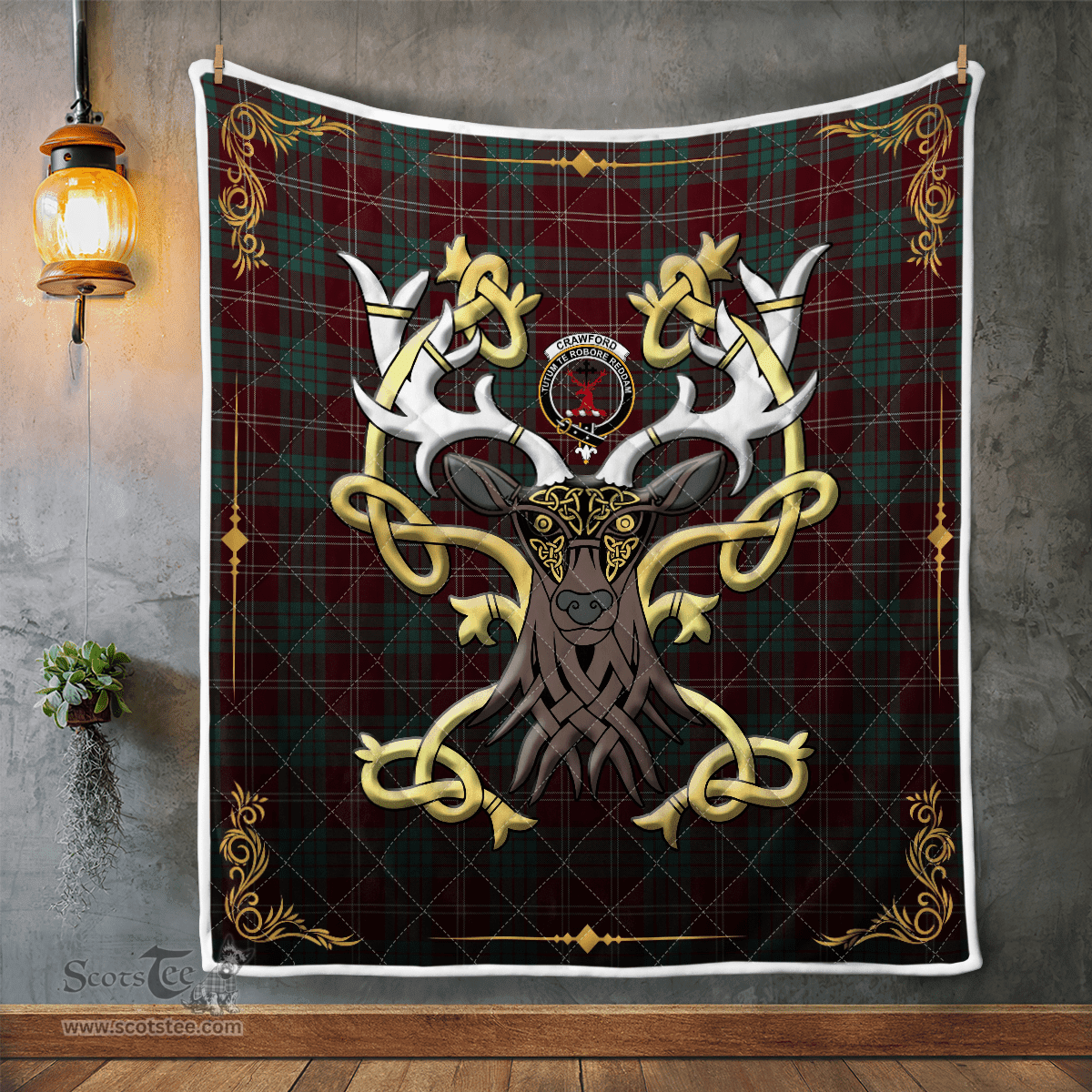 Scottish Crawford Clan Badge Tartan Celtic Deer - Tartan Plaid Quilt - Scottish Quilt Scottish Plaid Tartan Plaid - ScotsTee - scotstee.com